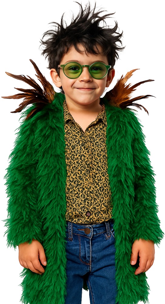 ילד עם מעיל נוצות ירק ומשקפיים מחייך